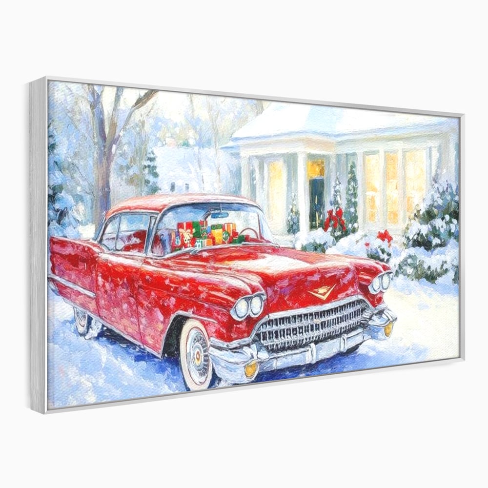Tablou canvas cu tablou canvas cu masina vintage rosie iarna, in rama de aluminiu argintiu
